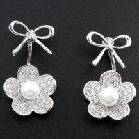 Brass Drop Earring, with Shell Pearl, Flower, silver color plated, micro pave cubic zirconia & for woman, nickel, lead & cadmium free 
