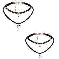 Velveteen Cord Choker Necklace, double link chain & for woman & with rhinestone, black, 310mm Approx 11 Inch 