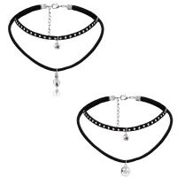 Velveteen Cord Choker Necklace, with Felt, double link chain & for woman & with rhinestone, black, 300mm Approx 11 Inch 
