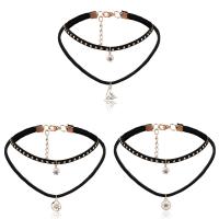 Velveteen Cord Choker Necklace, with Felt, double link chain & for woman & with rhinestone, black, 300mm Approx 11 Inch 