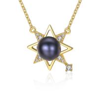 Freshwater Pearl Brass Necklace, with Freshwater Pearl, with 5cm extender chain, Star of David, gold color plated, oval chain & for woman & with cubic zirconia nickel, lead & cadmium free Approx 15.5 Inch 