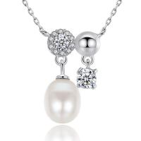 Freshwater Pearl Brass Necklace, with Cubic Zirconia & Freshwater Pearl, with 5cm extender chain, silver color plated, oval chain & for woman & with cubic zirconia, nickel, lead & cadmium free Approx 15.5 Inch 