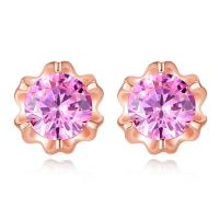 Cubic Zircon Brass Earring, with Cubic Zirconia, stainless steel post pin, Flower, rose gold color plated, for woman, nickel, lead & cadmium free 