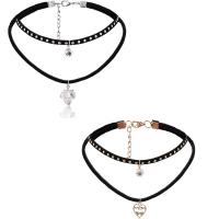 Velveteen Cord Choker Necklace, double link chain & for woman & with rhinestone, black and brown, 300mm Approx 11 Inch 