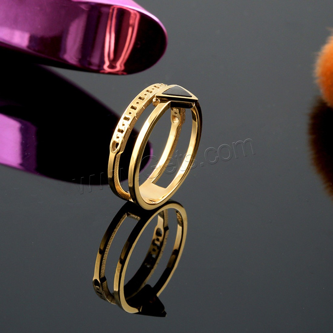 Bague de doigt de coquille, acier inoxydable, avec coquille noire, triangle, Plaqué d'or, normes différentes pour le choix & pour femme, Vendu par PC