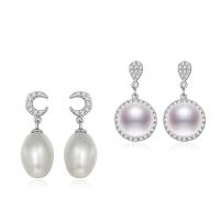 Sterling Silver Pearl Drop Earring, 925 Sterling Silver, with Freshwater Pearl, stainless steel post pin, silver color plated & for woman & with cubic zirconia 