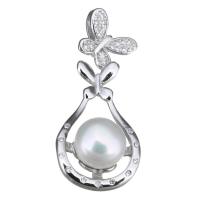 Cultured Pearl Sterling Silver Pendants, 925 Sterling Silver, with Freshwater Pearl, Butterfly, micro pave cubic zirconia Approx 