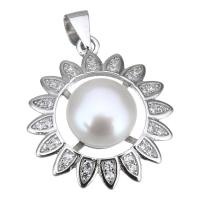 Cultured Pearl Sterling Silver Pendants, 925 Sterling Silver, with Freshwater Pearl, Flower, micro pave cubic zirconia Approx 