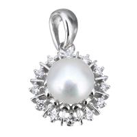 Cultured Pearl Sterling Silver Pendants, 925 Sterling Silver, with Freshwater Pearl, Flower, micro pave cubic zirconia Approx 