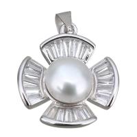 Cultured Pearl Sterling Silver Pendants, 925 Sterling Silver, with Freshwater Pearl, Flower, with cubic zirconia Approx 