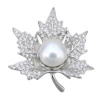 Cultured Pearl Sterling Silver Pendants, 925 Sterling Silver, with Freshwater Pearl, Maple Leaf, micro pave cubic zirconia Approx 
