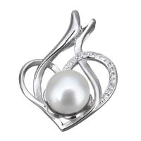 Cultured Pearl Sterling Silver Pendants, 925 Sterling Silver, with Freshwater Pearl, Heart, micro pave cubic zirconia Approx 