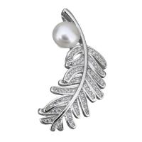 Cultured Pearl Sterling Silver Pendants, 925 Sterling Silver, with Freshwater Pearl, Feather, micro pave cubic zirconia Approx 