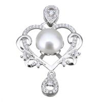 Cultured Pearl Sterling Silver Pendants, 925 Sterling Silver, with Freshwater Pearl, Heart, micro pave cubic zirconia, 33mm Approx 