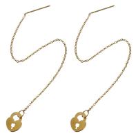 Fashion Stainless Steel Thread Through Earrings, Lock, gold color plated, for woman, 135mm 0.8mm 