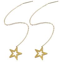 Fashion Stainless Steel Thread Through Earrings, Star, gold color plated, for woman, 130mm 0.8mm 