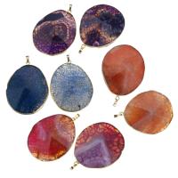 Agate Brass Pendants, Flat Flower Agate, with Brass, Flat Oval, gold color plated 45-50x60-65x11-16mm Approx 