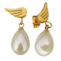 Stainless Steel Drop Earring, with Glass Pearl, Teardrop, gold color plated, for woman, 26mm 