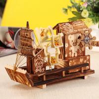 Pine Musical Box, Sail Boat, brushwork, rotatable 