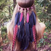 шерстяной шнур Пот-всосанная Повязка, с перья & деревянный, Богемный стиль & Женский, длина:Приблизительно 19 дюймовый, продается Strand