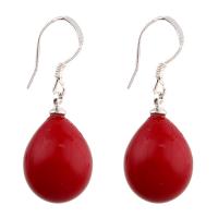 Natural Coral Drop Earring, brass earring hook, Teardrop, for woman, red 