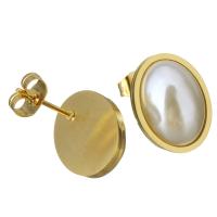 Stainless Steel Stud Earring, with Glass Pearl, Flat Oval, gold color plated, for woman 
