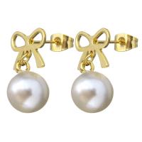 Glass Pearl Drop Earring, Stainless Steel, with Glass Pearl, Bowknot, gold color plated, for woman, 21mm 