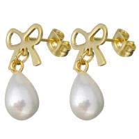 Glass Pearl Drop Earring, Stainless Steel, with Glass Pearl, Bowknot, gold color plated, for woman, 21mm 