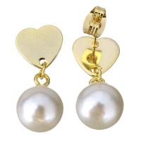 Glass Pearl Drop Earring, Stainless Steel, with Glass Pearl, Heart, gold color plated, for woman, 24mm 