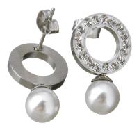 Stainless Steel Stud Earring, with Rhinestone Clay Pave & Glass Pearl, Donut, for woman, original color 