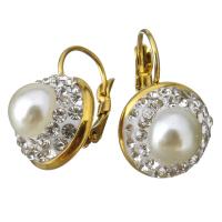 Stainless Steel Lever Back Earring, with Rhinestone Clay Pave & Glass Pearl, gold color plated, for woman 