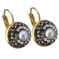 Stainless Steel Lever Back Earring, with Rhinestone Clay Pave & Glass Pearl, Flat Round, gold color plated, for woman 