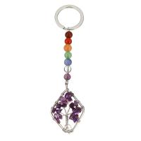 Brass Key Chain, with Gemstone & Amethyst, silver color plated 25mm, 111mm 