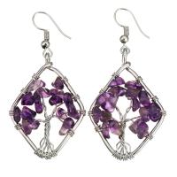 Quartz Earring, Brass, with Amethyst, Rhombus, silver color plated, for woman 57mm 