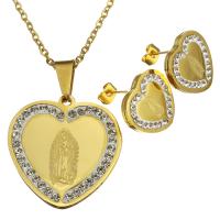 Stainless Steel Saint Jewelry Sets, earring & necklace, with Rhinestone Clay Pave, Heart, gold color plated, oval chain & for woman 2mm Approx 17 Inch 