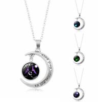 Time Gem Jewelry Necklace, Zinc Alloy, with iron chain & Glass, Moon, antique silver color plated, starry design & Unisex & oval chain & with letter pattern & decal, lead & cadmium free, 34mm Approx 23.5 Inch 