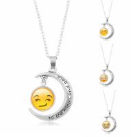 Time Gem Jewelry Necklace, Zinc Alloy, with iron chain & Glass, Moon, antique silver color plated, facial expression series & Unisex & oval chain & with letter pattern & decal, lead & cadmium free, 34mm Approx 23.5 Inch 
