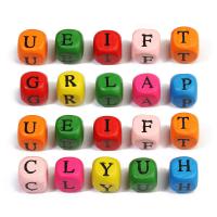 Holz-Alphabet Perlen, Holz, Würfel, gemischtes Muster, gemischte Farben, 10mm, Bohrung:ca. 1mm, 100PCs/Tasche, verkauft von Tasche