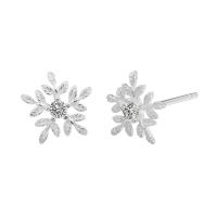 Cubic Zircon Brass Earring, Snowflake, real silver plated, for woman & with cubic zirconia, nickel, lead & cadmium free, 8.5mm 