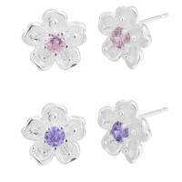 Cubic Zircon Brass Earring, Flower, real silver plated, for woman & with cubic zirconia nickel, lead & cadmium free, 9.6mm 
