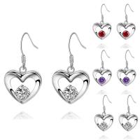 Cubic Zircon Brass Earring, Heart, real silver plated, for woman & with cubic zirconia lead & cadmium free 
