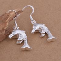 Cubic Zircon Brass Earring, Dolphin, real silver plated, for woman & with cubic zirconia, lead & cadmium free 