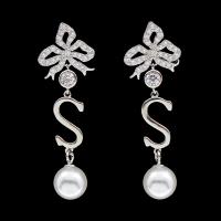 Brass Drop Earring, with ABS Plastic Pearl, platinum plated, for woman & with cubic zirconia, nickel, lead & cadmium free 