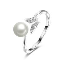 Brass Cuff Finger Ring, with Shell Pearl, Butterfly, platinum plated, adjustable & for woman & with cubic zirconia, 9mm, US Ring 