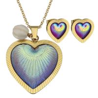 нержавеющая сталь модный ювелирный набор, серьги & ожерелье, с канифоль, Сердце, плакирован золотом, Овальный цепь & Женский 2mm длина:Приблизительно 19 дюймовый, продается указан