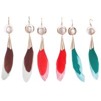 Zinc Alloy Tassel Earring, with Feather & Plastic Pearl, gold color plated, for woman 