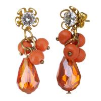 Stainless Steel Drop Earring, with Dyed Jade & Crystal, gold color plated, for woman & faceted & with rhinestone, 35mm 