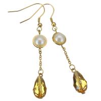 Stainless Steel Drop Earring, with Crystal & Glass Pearl, gold color plated, for woman & faceted, 70mm 
