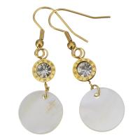 Stainless Steel Drop Earring, with White Shell, Flat Round, gold color plated, with roman number & for woman & with rhinestone, 50mm, 15mm 