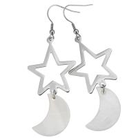 Stainless Steel Drop Earring, with White Shell, Moon and Star, for woman, original color, 75mm 